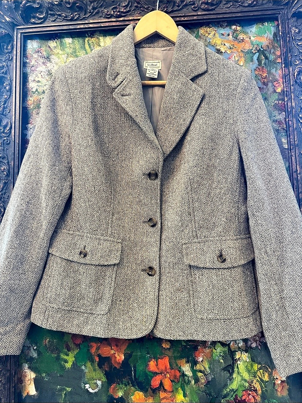 L.L.Bean Herringbone Wool-Silk Blend Blazer Brown & Gray Medium